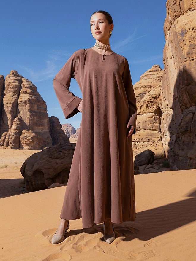 ISHIN Brown Georgette Regular Abaya with Embellished Hijab - Image 3